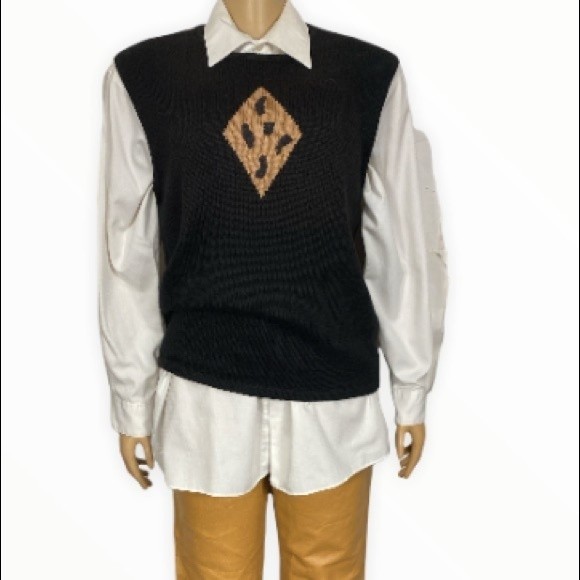 Vintage Terazzo Sweater Vest black Crew neck brown Tan animal print motif Size M - Picture 14 of 15
